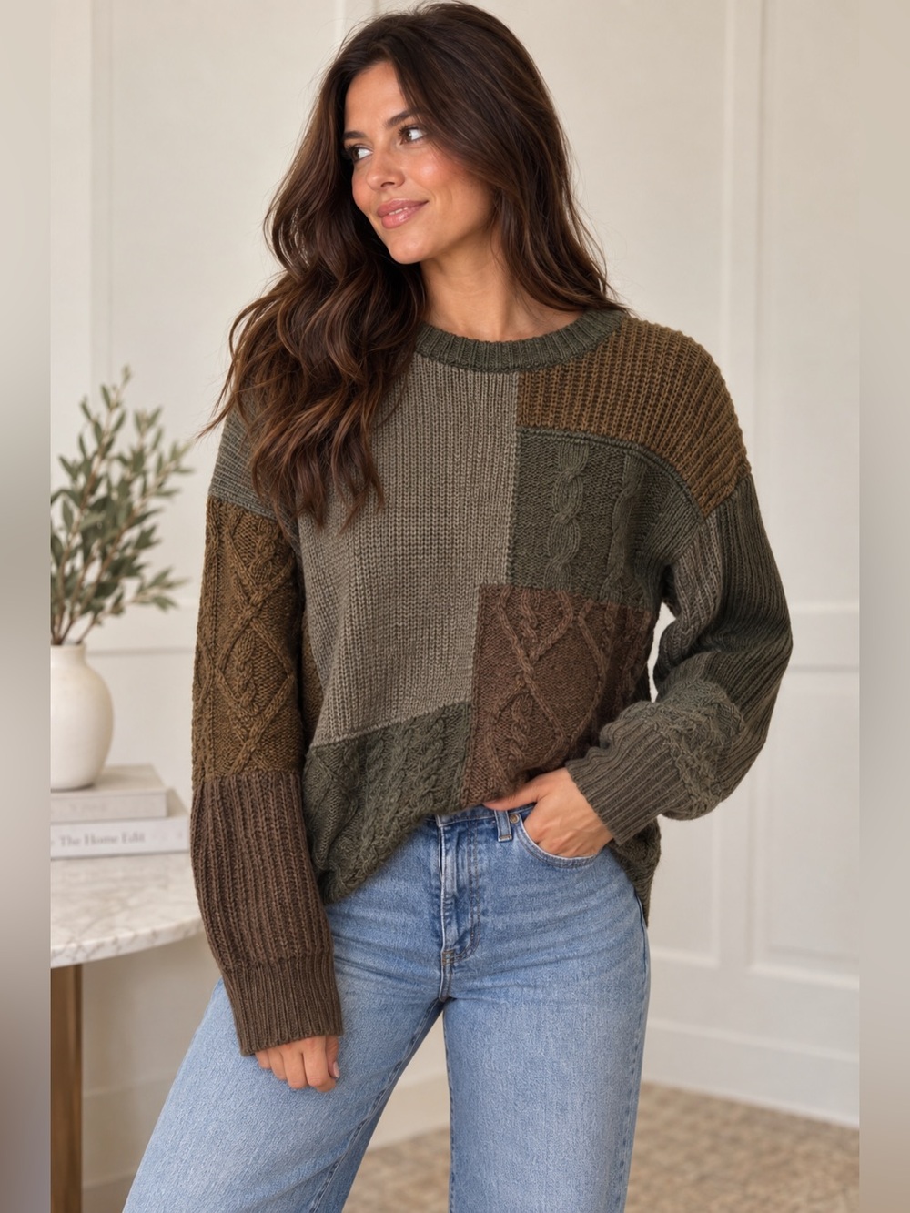 Rails Women’s Patchwork Crewneck Sweater in Olive and Brown